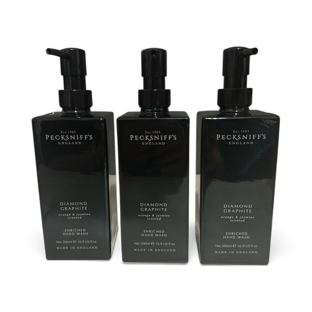 NEW 3x Pecksniffs Diamond Graphite Orange & Jasmine Glass Bottle Hand Wash Set